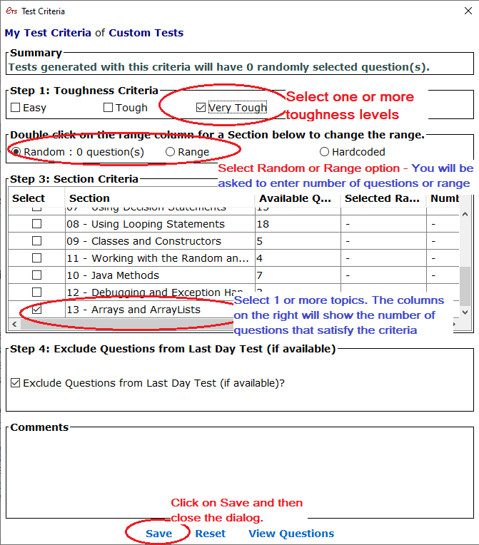 Design the test criteria and save it